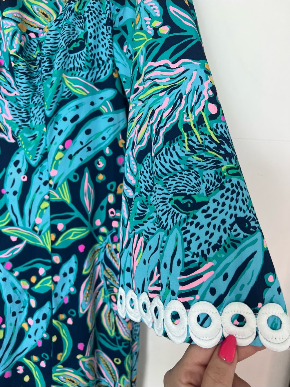 Lilly Pulitzer Shealyn Maxi Caftan Size 12 Navy Tropical Floral Cotton Lace Trim - Picture 5 of 16